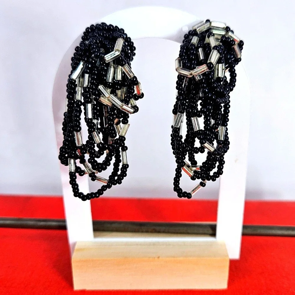 Vintage Black Silver Seed Bead‎ Waterfall Tassel Cluster Clip On Earrings 2